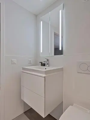 a white bathroom with a sink and a mirror at MOOI Apartments St.Gallen in St. Gallen