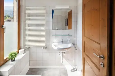 a white bathroom with a sink and a mirror at FENUS Apartment mit traumhaftem Bergblick SGT02 in Grabs