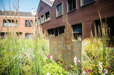 a wooden fence in the middle of a field of flowers at Business Appartement 3 am Bodensee in Romanshorn