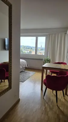 a room with a table and a mirror and a bedroom at Sonniges 1-Zimmerappartement mit Blick über Kreuzlingen in Kreuzlingen