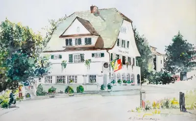 a watercolor painting of a white house at Gasthaus zum Bahnhof in Berg