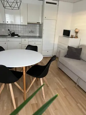 a living room with a table and chairs and a couch at Black&White Apartment in Uzwil