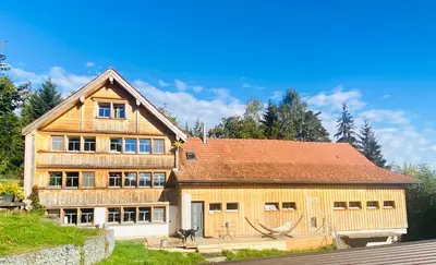 a large wooden house with a red roof at Birkenhof, Haus Märli in Herisau