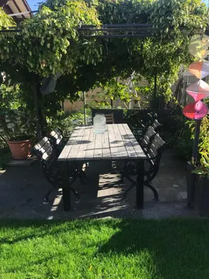 a picnic table in a yard with two benches at Bijou 1 Hübsche 1 Zimmer Wohnung in Herisau