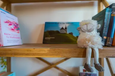 a stuffed sheep sitting on a shelf with books at Naturoase Säntisblick-Auszeit am Wald und Bach in Kradolf