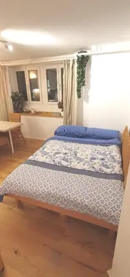 a bedroom with a bed with a blue comforter at Stilvoll Gertrud Schlössli 1 Zi Studio in St. Gallen
