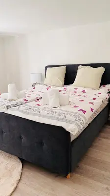 a large bed with a black frame in a room at Cresta Apartment in St. Gallen