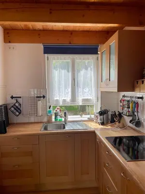 a kitchen with a sink and a window at Ferienhäuschen mit privatem Seezugang in Bottighofen