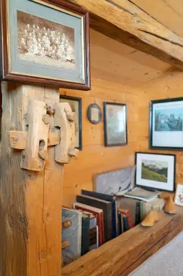a room with a wooden wall with a shelf with books at Nuessli in Wildhaus