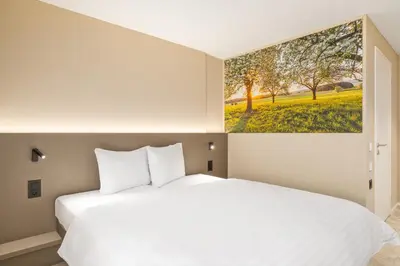 a bedroom with a white bed and a painting on the wall at b_smart motel Amriswil in Amriswil