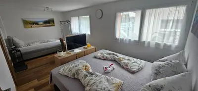 a living room with two beds and a television at Private Etage 5 Min vom Bahnhof - Parken - Küche - Netflix in Widnau
