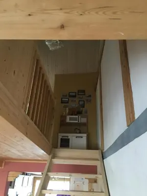 an overhead view of a kitchen in a tiny house at Farbige Wohnung Zentral in Herisau