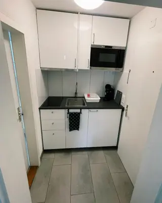 a small kitchen with a sink and a microwave at Gemütliches Studio nahe Bodensee in Arbon