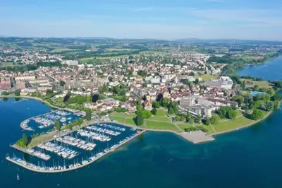 an aerial view of a harbor with boats at Gemütliches Studio nahe Bodensee in Arbon