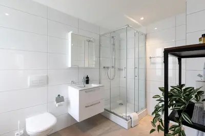a bathroom with a shower and a toilet and a sink at INN JOY Apartments - Roter Platz in St. Gallen