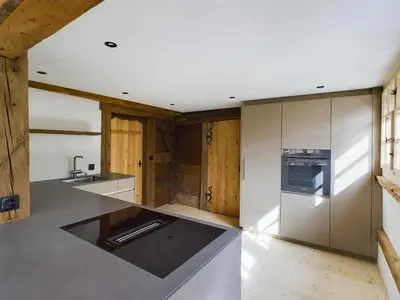 a kitchen with stainless steel appliances and wooden walls at Ferienwohnung Bärli Appenzell in Appenzell