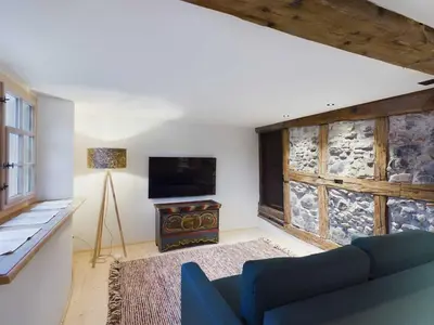 a living room with a couch and a tv and a fireplace at Ferienwohnung Bärli Appenzell in Appenzell