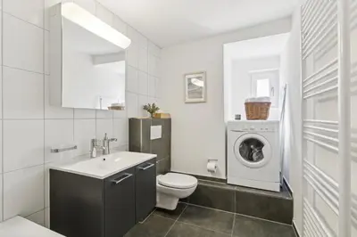a bathroom with a toilet sink and a washing machine at Klara 1022 - Olma, Spital, Uni St- Gallen in St. Gallen
