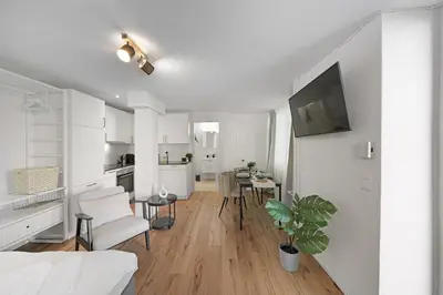 a white apartment with a living room and a kitchen at Book2Stay - modernes Studio OLMA-Areal in St. Gallen