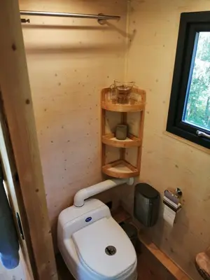 a small bathroom with a toilet and a wooden wall at Tiny House im Grünen in Sankt Margrethen