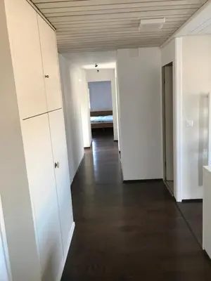 an empty room with white walls and a wooden ceiling at Ferienwohnung zentrale ruhige Lage auch gerne mit Kindern in Arbon