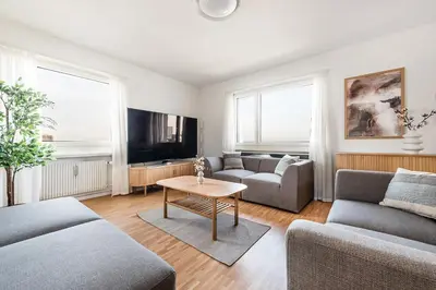 a living room with two couches and a tv at SOHO PENTHOUSE !Gratis Parken, Free Parking! in Kreuzlingen