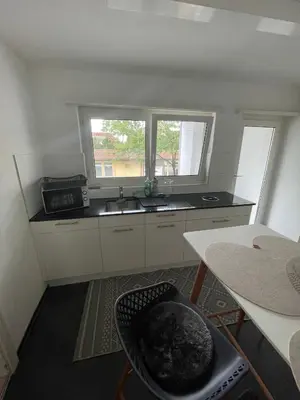 a kitchen with a sink and a window and a table at MTL Schweiz Apartments in Kreuzlingen