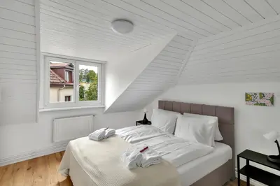 a bed in a white room with a window at book2stay moderne Wohnung OLMA-Areal in St. Gallen