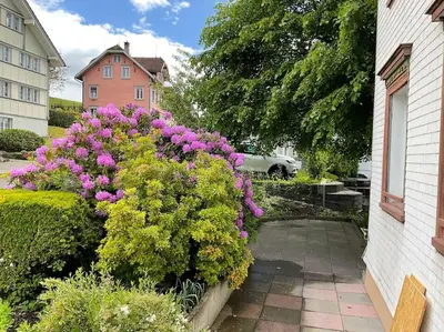 a garden with purple flowers and a house at 08 - Gästehaus Erika - Hundwil - Appenzellerland in Hundwil