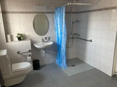 a bathroom with a toilet and a sink and a shower at 10 - Gästehaus Erika - Hundwil - Appenzellerland in Hundwil