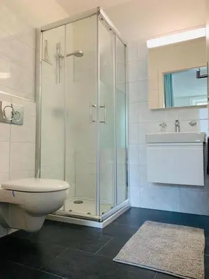 a bathroom with a shower and a toilet and a sink at Klein aber Fein in Rorschach in Rorschach