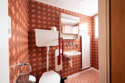 a small bathroom with a toilet and a sink at 25 - Gästehaus Erika - Hundwil - Appenzellerland in Hundwil