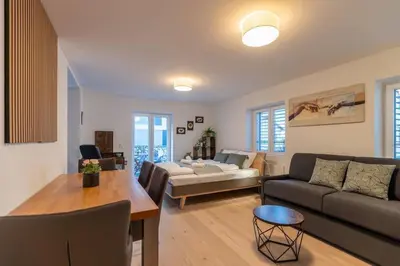 a living room with a couch and a table at Jasminkas Host 2, Ruhig, City und Naturnah, Gratis Parkplatz und Balkon in St. Gallen