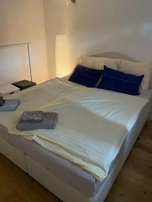 a large white bed with blue pillows on it at Gemütliches Apartment am Schloss in Arbon