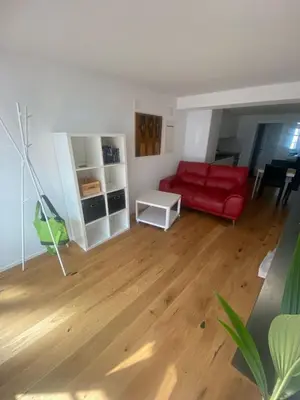 a living room with a red couch and a wooden floor at Gemütliches Apartment am Schloss in Arbon