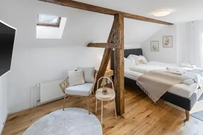a bedroom with a bed and a chair at Klara 1034 - Olma, Spital, Uni St- Gallen in St. Gallen