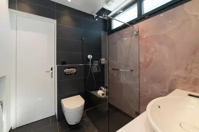 a bathroom with a shower and a toilet and a sink at Alpstein in Wildhaus