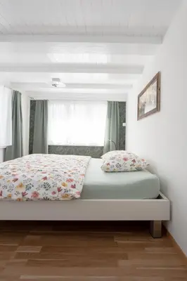 a bed with two pillows and a window at Schöne Wohnung im Herzen von Herisau bis 6 Gäste in Herisau