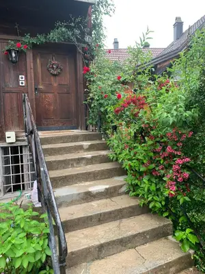 a set of stairs leading to a door with flowers at Historic Swiss Room in Guesthouse Rosalie in Brunnadern