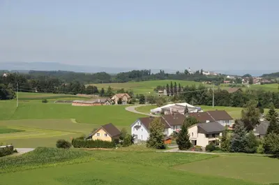 an aerial view of a golf course with houses at Towerhotel in Waldkirch