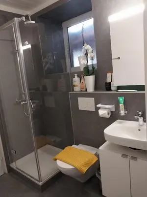 a bathroom with a shower and a toilet and a sink at schickes gemütliches Studio in Bühler