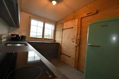 a kitchen with a green refrigerator and a sink at Haus Ritzlisjokes in Weissbad