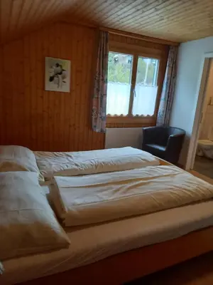 a bedroom with a large bed with a window at Wenk Elisabeth in Wildhaus