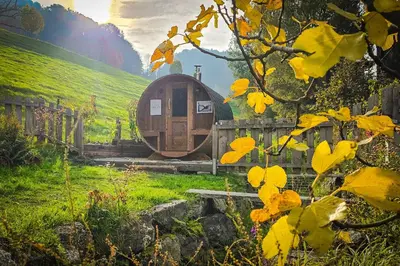 a train car sitting on the tracks in a field at Zum Wöschhüsli mit Sauna in Rheineck