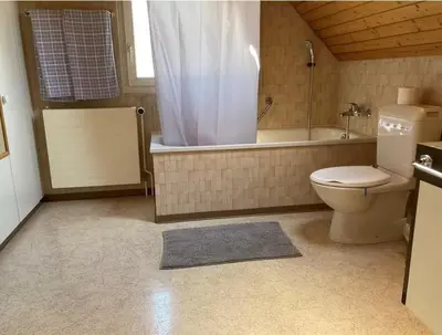 a bathroom with a toilet and a tub and a shower at Zimmer am See in Goldach