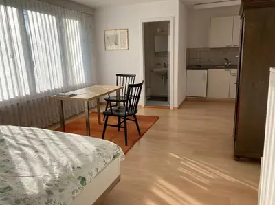 a bedroom with a table and chairs and a kitchen at Zimmer am See in Goldach