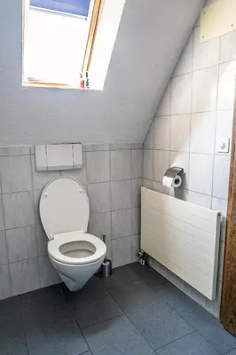 a bathroom with a toilet and a window at Private Apartment in Degersheim