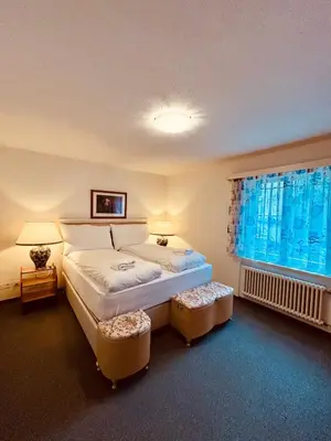 a bedroom with a large bed and a window at Gemütliches und geräumiges Apartment für Familien und Gruppen mit Seeblick in Heiden