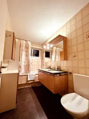 a bathroom with a sink and a toilet at Gemütliches und geräumiges Apartment für Familien und Gruppen mit Seeblick in Heiden