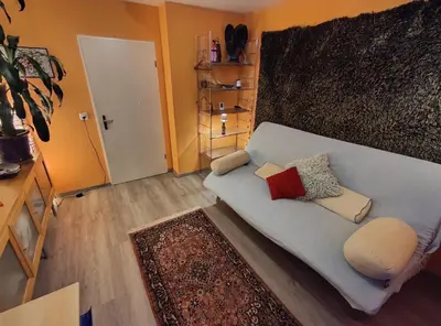 a living room with a white couch with pillows at Zimmer oberhalb einer Schokoladenfabrik in Kreuzlingen